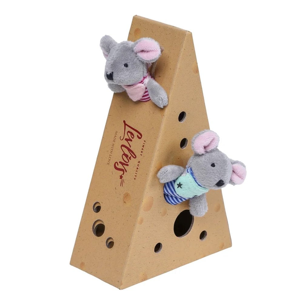 Levlovs' two tiny plush mice wearing striped outfits stand alongside a triangular, cheese-wedge cardboard box designed with cutout play holes