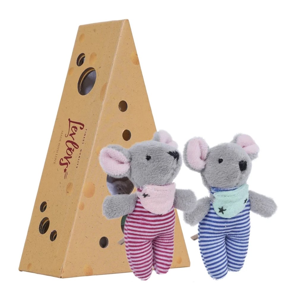 Levlovs' two tiny plush mice wearing striped outfits stand alongside a triangular, cheese-wedge cardboard box designed with cutout play holes
