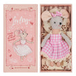 Levlovs' stuffed Mouse Lulu plush doll with large round ears wearing a pink gingham dress rests inside a decorated pink gift box alongside matching patterned bedding