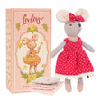 Levlovs' small fabric Mouse Rose plush doll wearing a red polka-dot dress with a miniature folded bedding and a vintage-style pink box