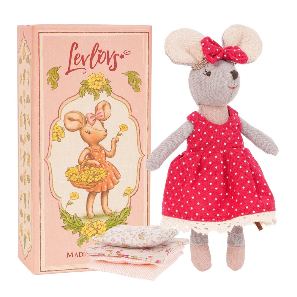 Levlovs' small fabric Mouse Rose plush doll wearing a red polka-dot dress with a miniature folded bedding and a vintage-style pink box