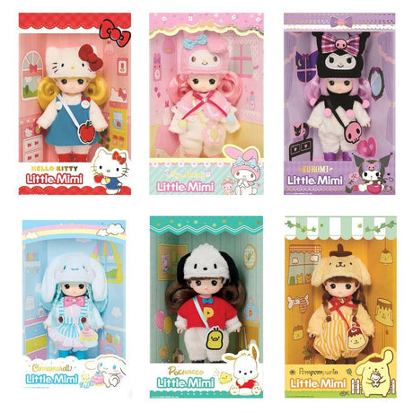 Official Little Mimi x Sanrio Collaboration 6-Doll Full Set; featuring Hello Kitty, My Melody, Kuromi, Cinnamoroll, Pochacco, and Pompompurin in premium window box packaging. A nostalgic Y2K aesthetic collectible set, perfect for adult birthday gifts, anniversary surprises, and office-core desk decor for dedicated kidult collectors.
