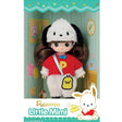 Officially licensed Sanrio and Little Mimi Collaboration Doll Collection featuring Pochacco doll featuring a mini doll with curly brown hair wearing a fuzzy white Pochacco plush hat with floppy black ears, a red t-shirt with a yellow letter P emblem and blue bow tie over a white fuzzy jumpsuit, and a yellow chick Pi-chan crossbody bag, ideal for adult kidult collectors and doll enthusiasts as a nostalgic rare collectible display piece.