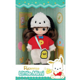 Officially licensed Sanrio and Little Mimi Collaboration Doll Collection featuring Pochacco doll featuring a mini doll with curly brown hair wearing a fuzzy white Pochacco plush hat with floppy black ears, a red t-shirt with a yellow letter P emblem and blue bow tie over a white fuzzy jumpsuit, and a yellow chick Pi-chan crossbody bag, ideal for adult kidult collectors and doll enthusiasts as a nostalgic rare collectible display piece.