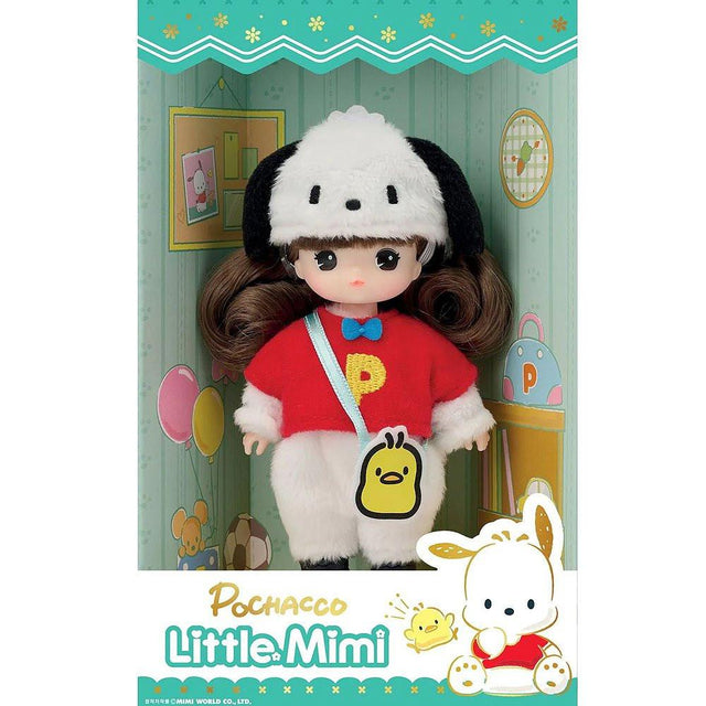 Officially licensed Sanrio and Little Mimi Collaboration Doll Collection featuring Pochacco doll featuring a mini doll with curly brown hair wearing a fuzzy white Pochacco plush hat with floppy black ears, a red t-shirt with a yellow letter P emblem and blue bow tie over a white fuzzy jumpsuit, and a yellow chick Pi-chan crossbody bag, ideal for adult kidult collectors and doll enthusiasts as a nostalgic rare collectible display piece.