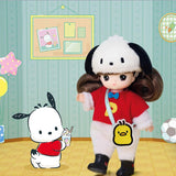 Officially licensed Sanrio and Little Mimi Collaboration Doll Collection featuring Pochacco doll featuring a mini doll with curly brown hair wearing a fuzzy white Pochacco plush hat with floppy black ears, a red t-shirt with a yellow letter P emblem and blue bow tie over a white fuzzy jumpsuit, and a yellow chick Pi-chan crossbody bag, ideal for adult kidult collectors and doll enthusiasts as a nostalgic rare collectible display piece.