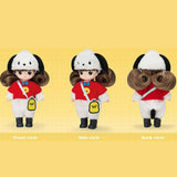 Front, side, and back views of the Officially licensed Sanrio and Little Mimi Collaboration Doll Collection featuring Pochacco doll featuring a mini doll with curly brown hair wearing a fuzzy white Pochacco plush hat with floppy black ears, a red t-shirt with a yellow letter P emblem and blue bow tie over a white fuzzy jumpsuit, and a yellow chick Pi-chan crossbody bag, ideal for adult kidult collectors and doll enthusiasts as a nostalgic rare collectible display piece.