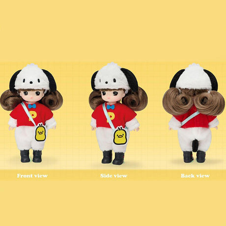Front, side, and back views of the Officially licensed Sanrio and Little Mimi Collaboration Doll Collection featuring Pochacco doll featuring a mini doll with curly brown hair wearing a fuzzy white Pochacco plush hat with floppy black ears, a red t-shirt with a yellow letter P emblem and blue bow tie over a white fuzzy jumpsuit, and a yellow chick Pi-chan crossbody bag, ideal for adult kidult collectors and doll enthusiasts as a nostalgic rare collectible display piece.