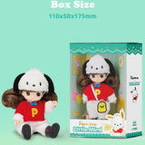 Officially licensed Sanrio and Little Mimi Collaboration Doll Collection featuring Pochacco doll featuring a mini doll with curly brown hair wearing a fuzzy white Pochacco plush hat with floppy black ears, a red t-shirt with a yellow letter P emblem and blue bow tie over a white fuzzy jumpsuit, and a yellow chick Pi-chan crossbody bag. Detailed box size measurement for the Official Little Mimi x Pochacco collectible doll; featuring 110x50x175mm dimensions in premium window box packaging. 