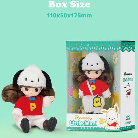 Officially licensed Sanrio and Little Mimi Collaboration Doll Collection featuring Pochacco doll featuring a mini doll with curly brown hair wearing a fuzzy white Pochacco plush hat with floppy black ears, a red t-shirt with a yellow letter P emblem and blue bow tie over a white fuzzy jumpsuit, and a yellow chick Pi-chan crossbody bag. Detailed box size measurement for the Official Little Mimi x Pochacco collectible doll; featuring 110x50x175mm dimensions in premium window box packaging. 