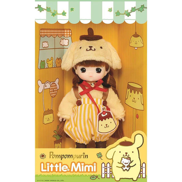 Officially licensed Sanrio and Little Mimi Collaboration Doll Collection featuring Pompompurin doll featuring a mini doll with curly brown hair wearing a fuzzy yellow Pompompurin plush hat with a brown beret, a yellow and white striped suspender romper over a soft cream top with a red ribbon collar, brown boots, and a pudding shaped crossbody bag, ideal for adult kidult collectors and doll enthusiasts as a nostalgic rare collectible display piece.