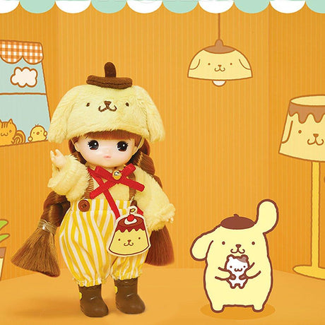 Officially licensed Sanrio and Little Mimi Collaboration Doll Collection featuring Pompompurin doll featuring a mini doll with curly brown hair wearing a fuzzy yellow Pompompurin plush hat with a brown beret, a yellow and white striped suspender romper over a soft cream top with a red ribbon collar, brown boots, and a pudding shaped crossbody bag, ideal for adult kidult collectors and doll enthusiasts as a nostalgic rare collectible display piece.
