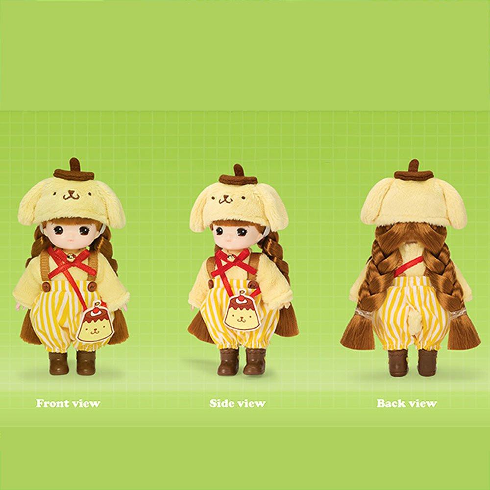 Front, side, and back views of the Officially licensed Sanrio and Little Mimi Collaboration Doll Collection featuring Pompompurin doll featuring a mini doll with curly brown hair wearing a fuzzy yellow Pompompurin plush hat with a brown beret, a yellow and white striped suspender romper over a soft cream top with a red ribbon collar, brown boots, and a pudding shaped crossbody bag, ideal for adult kidult collectors and doll enthusiasts as a nostalgic rare collectible display piece.