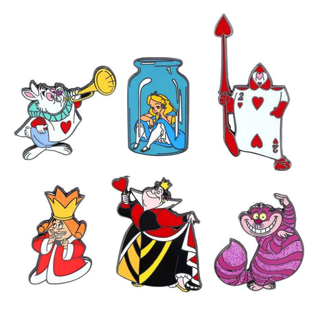 A collection of six colorful Disney Loungefly Alice in Wonderland enamel pins