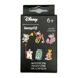 A collection of six colorful Disney Loungefly Alice in Wonderland enamel pins