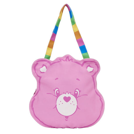 Officially licensed Care Bears Cheer Bear shaped large canvas pink tote bag with vibrant rainbow striped shoulder straps and a printed character face