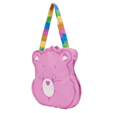 Officially licensed Care Bears Cheer Bear shaped large canvas pink tote bag with vibrant rainbow striped shoulder straps and a printed character face