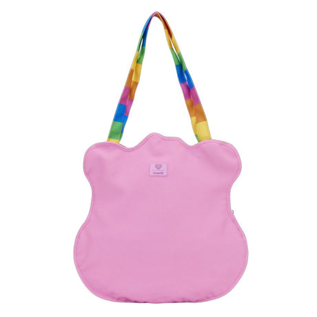 Officially licensed Care Bears Cheer Bear shaped large canvas pink tote bag with vibrant rainbow striped shoulder straps and a printed character face