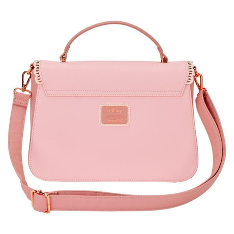 Light pink crossbody bag by the collaboration of Loungefly and Disney featuring silhouettes of Disney Princess, decorated with 3D faux leather flowers with gold studs and a scalloped lace-style border.