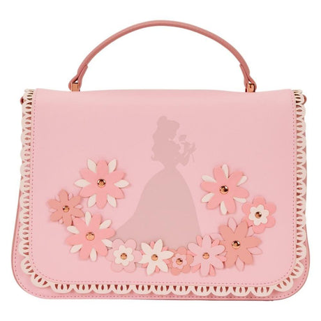 Light pink crossbody bag by the collaboration of Loungefly and Disney featuring silhouettes of Disney Princess, decorated with 3D faux leather flowers with gold studs and a scalloped lace-style border.