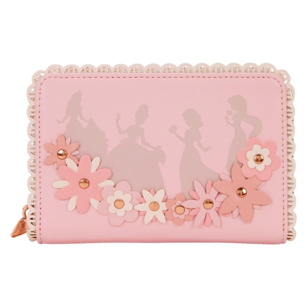 Light pink zip-around wallet by the collaboration of Loungefly and Disney featuring silhouettes of Disney Princesses, decorated with 3D faux leather flowers with gold studs and a scalloped lace-style border.