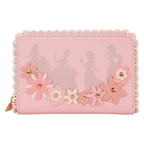 Light pink zip-around wallet by the collaboration of Loungefly and Disney featuring silhouettes of Disney Princesses, decorated with 3D faux leather flowers with gold studs and a scalloped lace-style border.