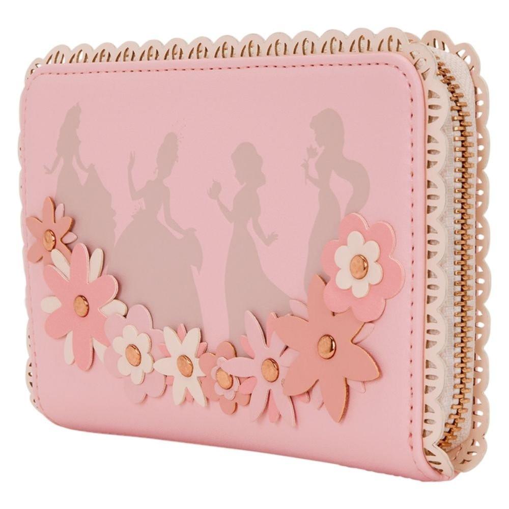 Light pink zip-around wallet by the collaboration of Loungefly and Disney featuring silhouettes of Disney Princesses, decorated with 3D faux leather flowers with gold studs and a scalloped lace-style border.