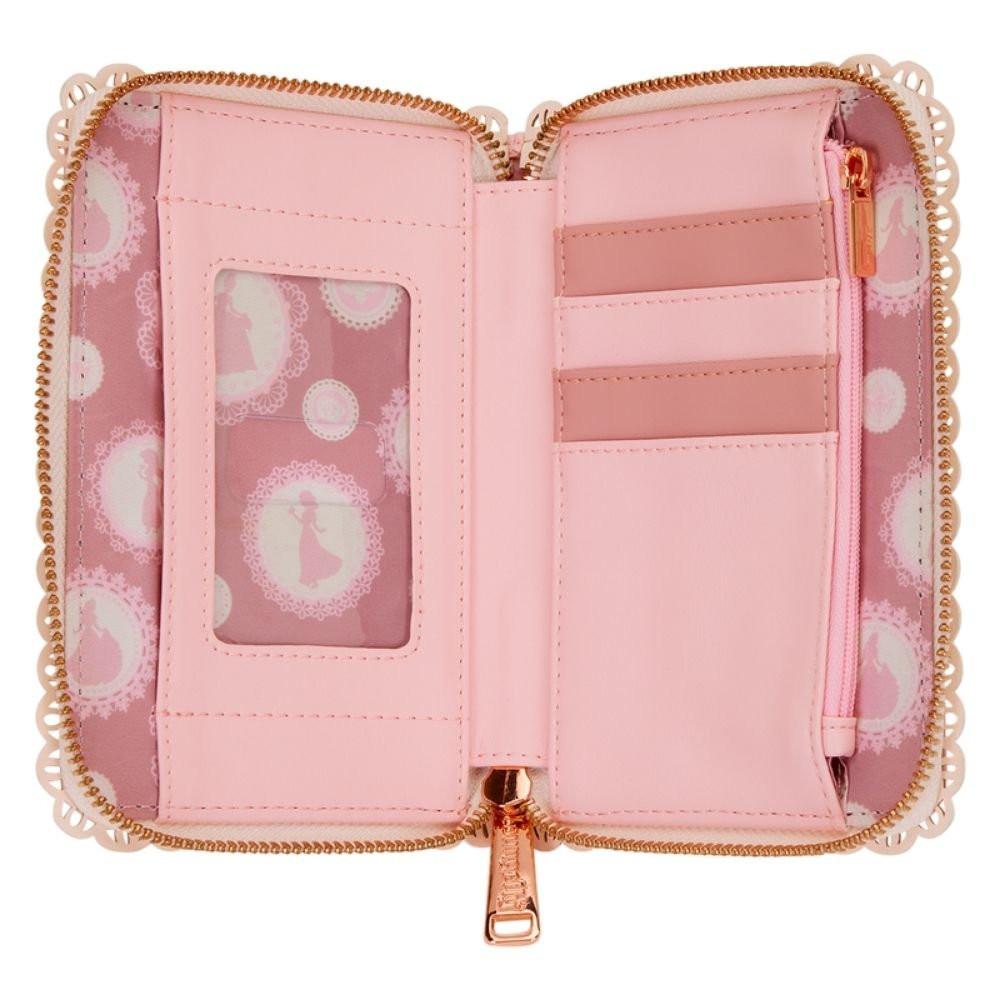 Light pink zip-around wallet by the collaboration of Loungefly and Disney featuring silhouettes of Disney Princesses, decorated with 3D faux leather flowers with gold studs and a scalloped lace-style border.
