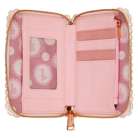 Light pink zip-around wallet by the collaboration of Loungefly and Disney featuring silhouettes of Disney Princesses, decorated with 3D faux leather flowers with gold studs and a scalloped lace-style border.