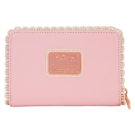 Light pink zip-around wallet by the collaboration of Loungefly and Disney featuring silhouettes of Disney Princesses, decorated with 3D faux leather flowers with gold studs and a scalloped lace-style border.