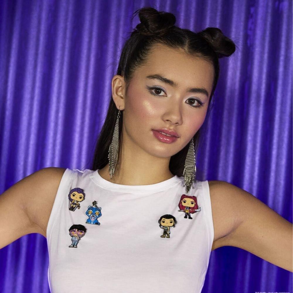 Loungefly and Funko's collaboration enamel pins of K-pop demon hunters featuring Jinu, Rumi, Zoey, Mira, Derpy