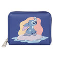 Officially licensed Disney Lilo & Stitch zip-around wallet in navy blue featuring a graphic of Stitch and a small bird sitting on a tropical island