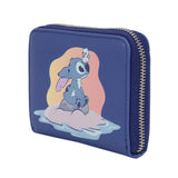 Officially licensed Disney Lilo & Stitch zip-around wallet in navy blue featuring a graphic of Stitch and a small bird sitting on a tropical island