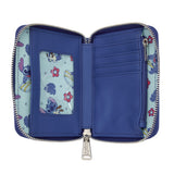 Officially licensed Disney Lilo & Stitch zip-around wallet in navy blue featuring a graphic of Stitch and a small bird sitting on a tropical island