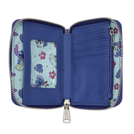 Officially licensed Disney Lilo & Stitch zip-around wallet in navy blue featuring a graphic of Stitch and a small bird sitting on a tropical island