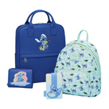 Officially licensed Disney Lilo & Stitch zip-around wallet in navy blue featuring a graphic of Stitch and a small bird sitting on a tropical island