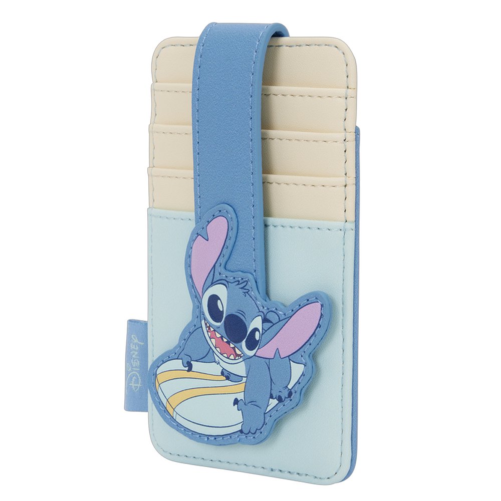 Officially licensed Disney Lilo & Stitch surfing faux leather card case featuring a light blue and cream color block design with a secure snap strap