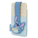Officially licensed Disney Lilo & Stitch surfing faux leather card case featuring a light blue and cream color block design with a secure snap strap