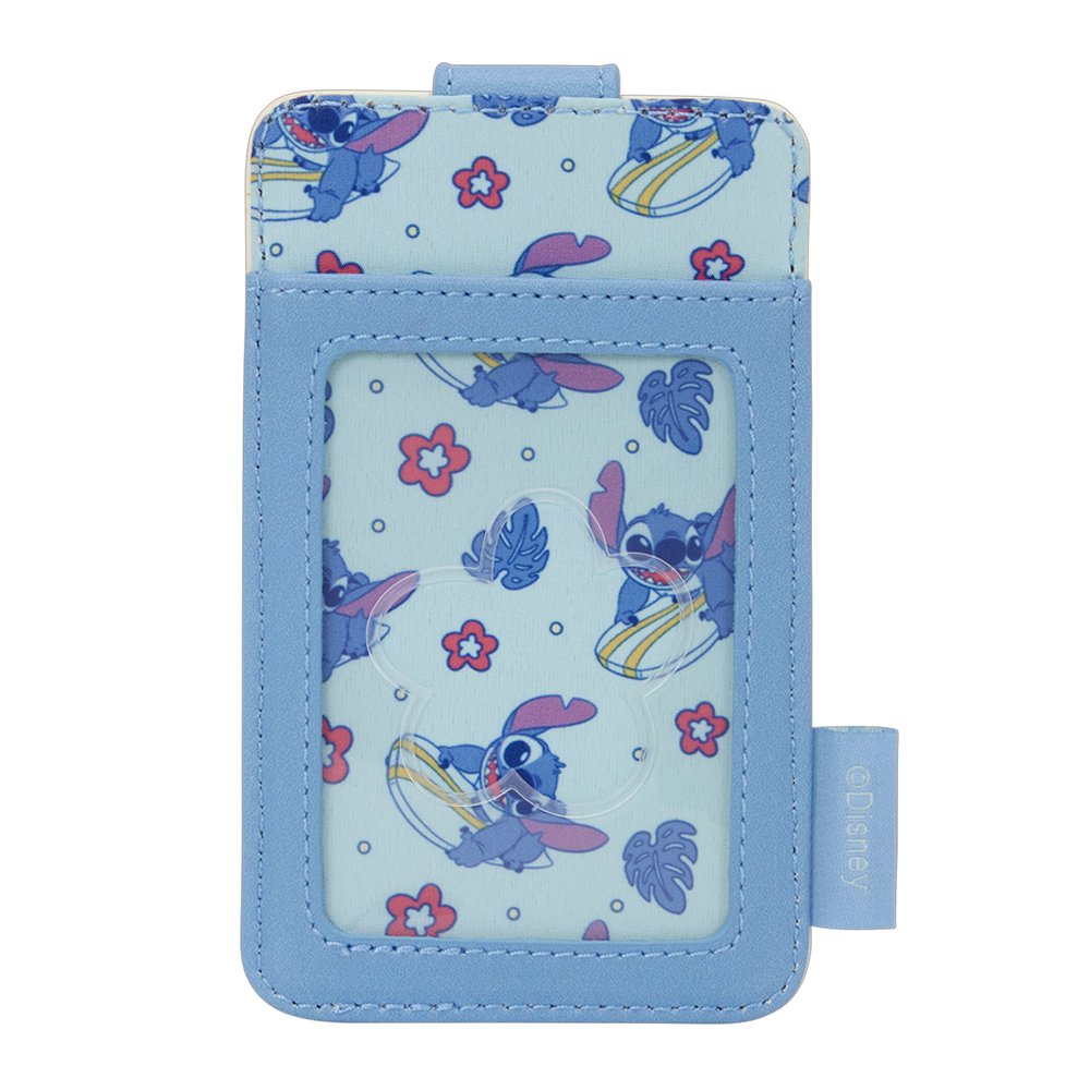 Officially licensed Disney Lilo & Stitch surfing faux leather card case featuring a light blue and cream color block design with a secure snap strap