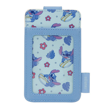 Officially licensed Disney Lilo & Stitch surfing faux leather card case featuring a light blue and cream color block design with a secure snap strap