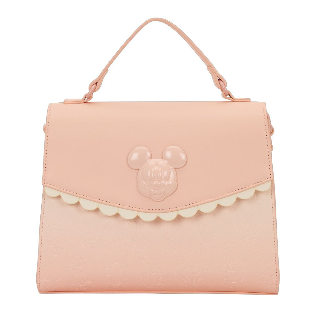 Officially licensed Disney Mickey Mouse & Friends light pink-colored tote crossbody bag featuring a 3D character emblem, scalloped trim, and embossed character patterns