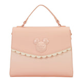 Officially licensed Disney Mickey Mouse & Friends light pink-colored tote crossbody bag featuring a 3D character emblem, scalloped trim, and embossed character patterns