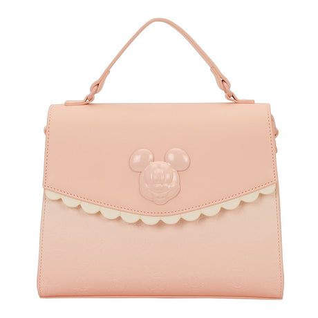 Officially licensed Disney Mickey Mouse & Friends light pink-colored tote crossbody bag featuring a 3D character emblem, scalloped trim, and embossed character patterns