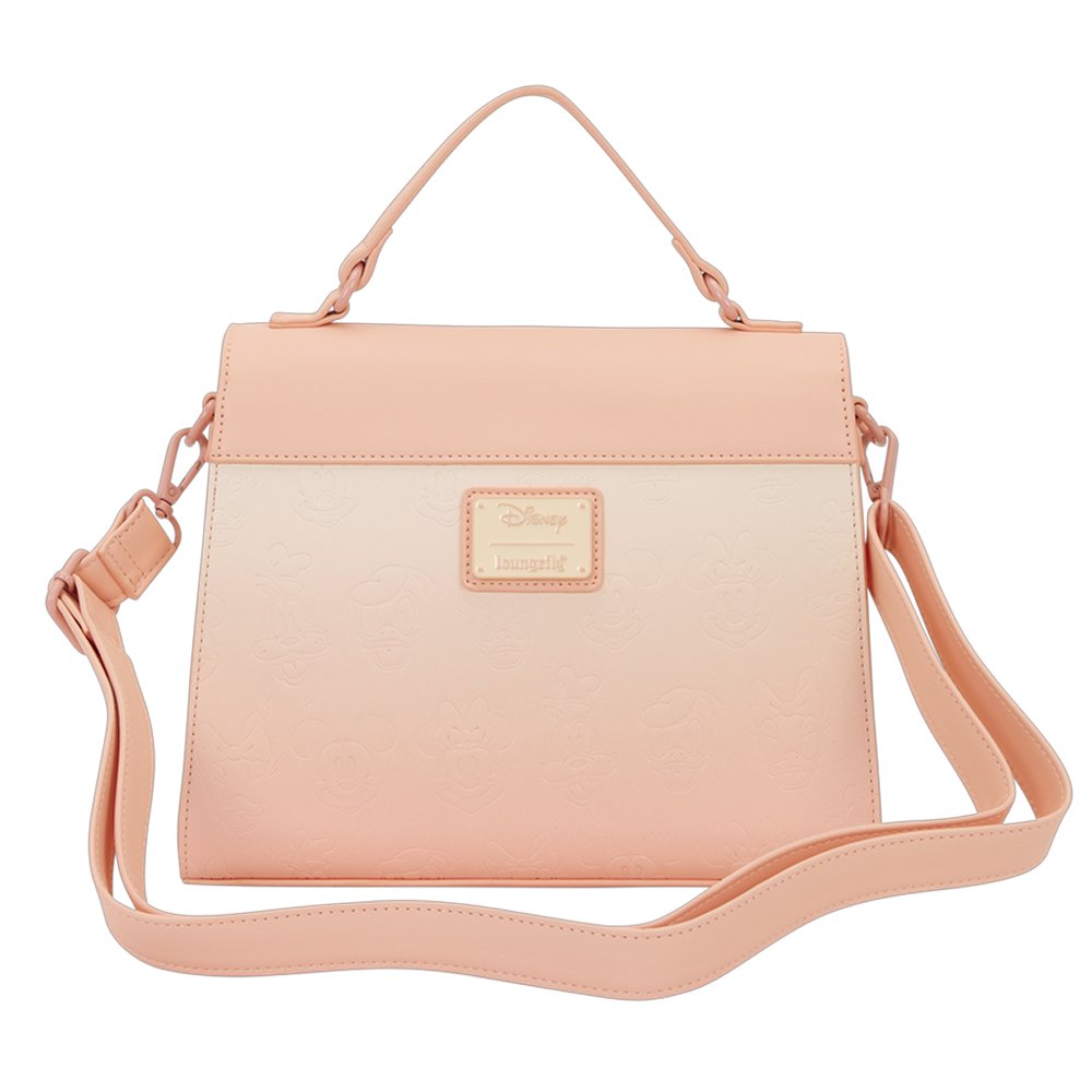 Officially licensed Disney Mickey Mouse & Friends light pink-colored tote crossbody bag featuring a 3D character emblem, scalloped trim, and embossed character patterns