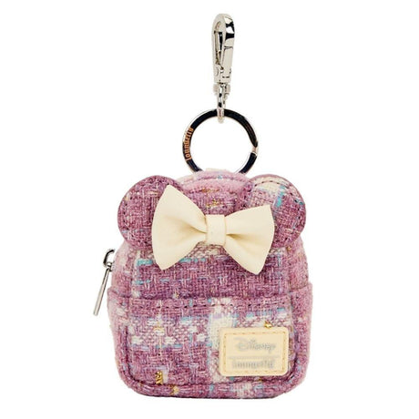 Loungefly and Disney Minnie Mouse's collboration of mini backpack keychain charm featuring 3D bow, applique, glitter, iridescent, quilted, shimmer faux leather, velvet, and printed details