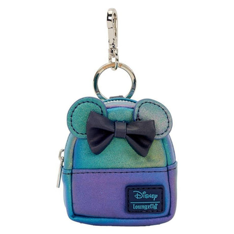 Loungefly and Disney Minnie Mouse's collboration of mini backpack keychain charm featuring 3D bow, applique, glitter, iridescent, quilted, shimmer faux leather, velvet, and printed details