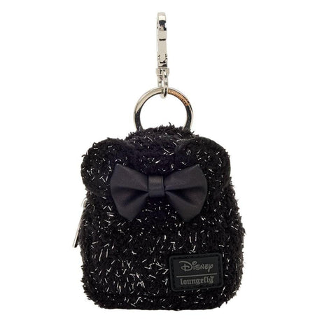 Loungefly and Disney Minnie Mouse's collboration of mini backpack keychain charm featuring 3D bow, applique, glitter, iridescent, quilted, shimmer faux leather, velvet, and printed details