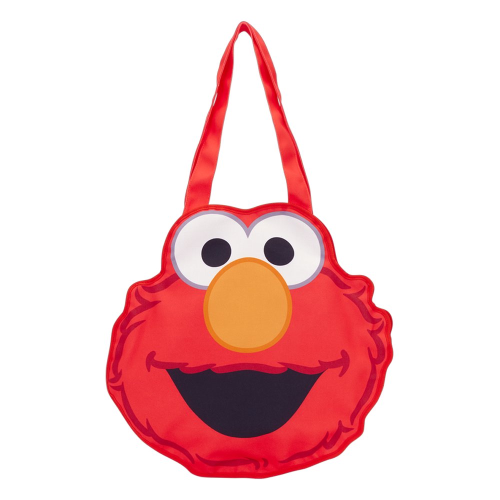 Officially licensed Sesame Street Elmo face shaped large red tote bag made of soft canvas fabric with large embroidered eyes and a wide smiling mouth