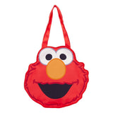 Officially licensed Sesame Street Elmo face shaped large red tote bag made of soft canvas fabric with large embroidered eyes and a wide smiling mouth