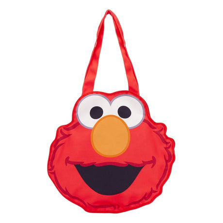 Officially licensed Sesame Street Elmo face shaped large red tote bag made of soft canvas fabric with large embroidered eyes and a wide smiling mouth